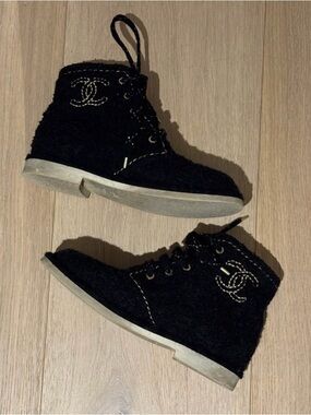 CHANEL Black Embroidered CC Logo Ankle Booties